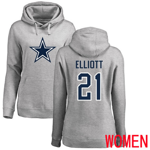 Women Dallas Cowboys Ash Ezekiel Elliott Name and Number Logo 21 Pullover NFL Hoodie Sweatshirts